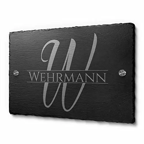 Produktbild: Türschild Schiefer mit Gravur – Schiefertafel graviert als Namensschild Haustür – Monogramm Schild Namen - Haustürschilder Hausschild Familie - Willkommensschild Familienschild personalisiert