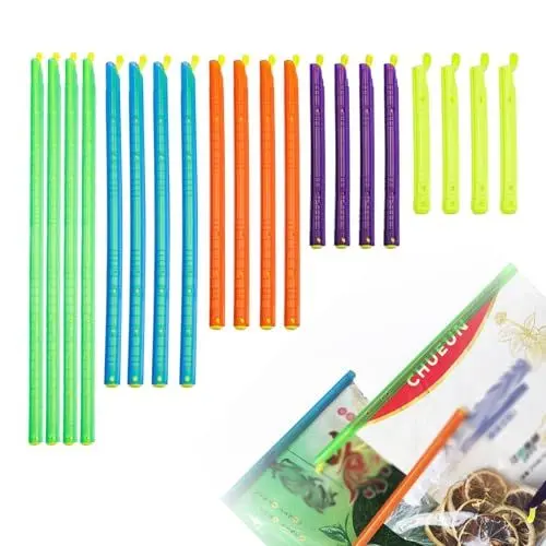 Produktbild: Tüten Verschluss, 20 Stück Tütenhüter 5 Größen, Sealer Sticks Transparent, Verschlussklammern Mehrere Farben, Starke Abdichtung, für Aufbewahren Lebensmitteln, Snacks, Haferflocken