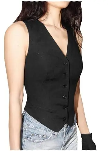 Produktbild: Tuikayoo Damen Sommer Leinen Baumwolle Weste Slim Sleeveless Anzug Weste （Schwarz，S）
