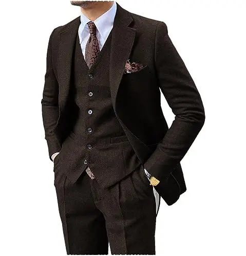 Produktbild: Tuikayoo Herren Formal Herringbone Tweed Wolle 3 Stück Hochzeit Slim Fit Anzug Prom Smokings Groomsmen Party Jacke（Kaffee,S）
