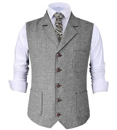 Produktbild: Tuikayoo Herren Retro V Ausschnitt Anzug Weste Tweed Wolle Regular Fit Weste Herringbone für Jacke (Silber,4XL)