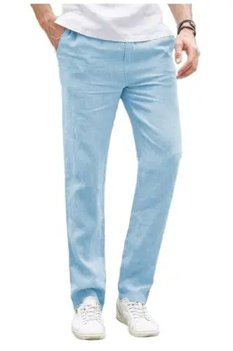 Produktbild: Tuikayoo Herren Sommer Leinenhosen Casual Strand Regular fit Party Hochzeit Prom (Hellblau,34W*32L)