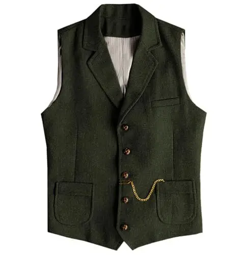 Produktbild: Tuikayoo Herren Western Herringbone Tweed Anzug Weste Wolle Slim Fit Weste (Armeegrün,XL)