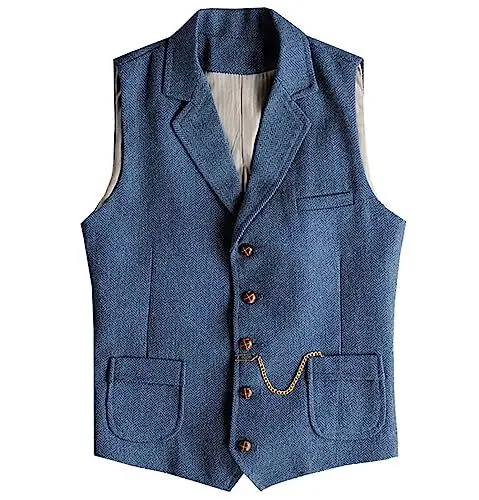 Produktbild: Tuikayoo Herren Western Herringbone Tweed Anzug Weste Wolle Slim Fit Weste (Blau,L)