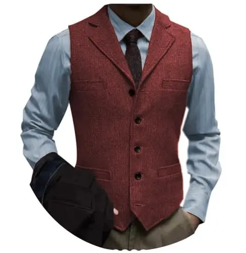 Produktbild: Tuikayoo Herrenanzug Weste Slim Fit Wollkleid Weste Tweed Herringbone für Trauzeugen（Burgund，L）