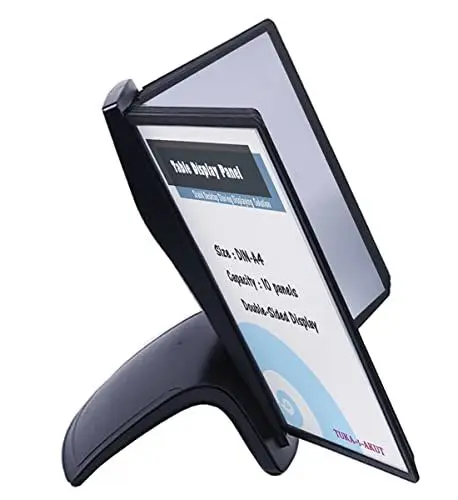 Produktbild: TUKA-i-AKUT Tisch-Sichttafel Aufsteller mit 10 Sichttafeln, DIN A4 Desktop Sichttafel System, Sichttafel - Tischständer mit 10 Klapprahmen, Schwarz, TKD8220 Black