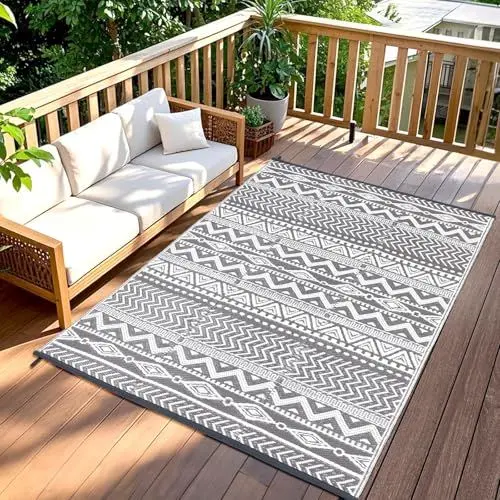 Produktbild: TUKDAK Grau Outdoor Teppich Wetterfest 120x180cm, Wendbarer Outdoorteppich Matte Kunststoff Teppich, Wasserdichter Außenteppich, UV-beständige Camping Matte für Balkon Terrasse Garten RV Picknick