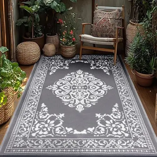 Produktbild: TUKDAK Grau Outdoor Teppich Wetterfest 150x245cm, Wendbarer Outdoorteppich Matte Kunststoff Teppich, Wasserdichter Außenteppich, UV-beständige Camping Matte für Balkon Terrasse Garten RV Picknick