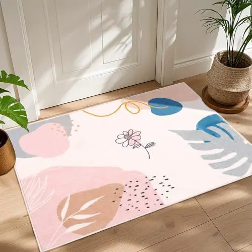 Produktbild: TUKDAK Rosa Fußmatte Innen 60X90cm, Boho Waschbar Fussmatte Eingangsteppich innen, Schmutzfangmatte rutschfest, Kurzflor Türmatte Innen Teppich für Eingang, Haustür, Flur, Küche, Schlafzimmer