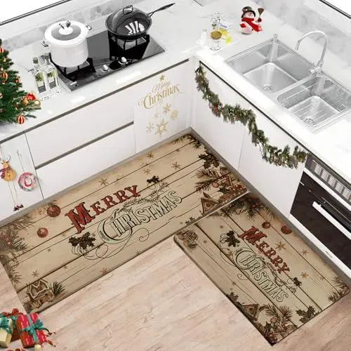 Produktbild: TUKDAK Weihnachts Küchenläufer rutschfest, PVC Anti Ermüdungsmatte Küchenteppich, Wasserdicht und Ölbeständig Teppich Läufer Küche, Teppich Küche für Esszimmer, Waschküche(44 x 70cm + 44 x 120cm)