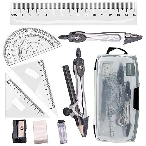 Produktbild: Tuloka Geometrie-Sets Kompass Zirkel und Winkelmesser Lineal und Zeichendreieck Set, für Schule und Büro Student Mathematik Zeichnung, 5-teiliges Set