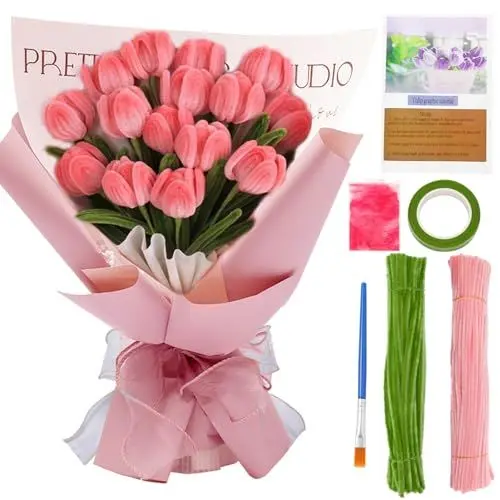 Produktbild: Tulpen Blumenstrauß Pfeifenreiniger, 200 Stück Pfeifenputzer zum Basteln, Künstliche Blumen Pfeifenreiniger Chenilledraht DIY Geschenke für Mama, Männer, Ehefrau oder Ehemann (Rosa)