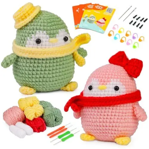 Produktbild: Tundi Häkelnadel-Set, Pinguin, Grün und Rosa, für Anfänger, Häkelnadeln, Anleitung (evtl. nicht in deutscher Sprache), Starter-Set für Anfänger und Profis