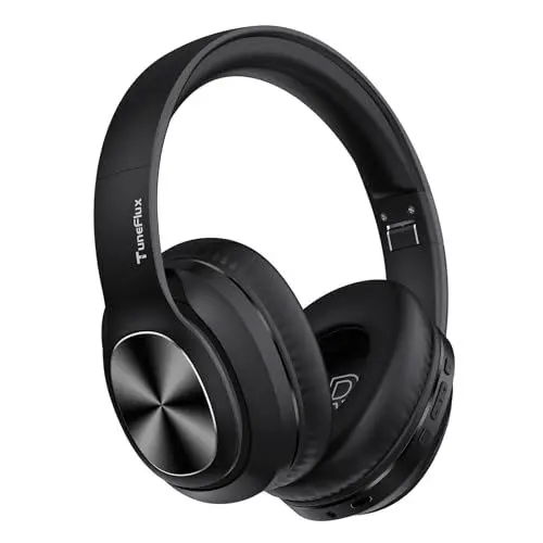 Produktbild: TuneFlux Bluetooth Kopfhörer Over Ear, 80 Std Akkulaufzeit, Kabellos Bluetooth Kopfhörer mit 3 EQ-Modi, HiFi-Stereo, Eingebautes Mikrofon, Faltbares Wireless Kopfhörer-Schwarz