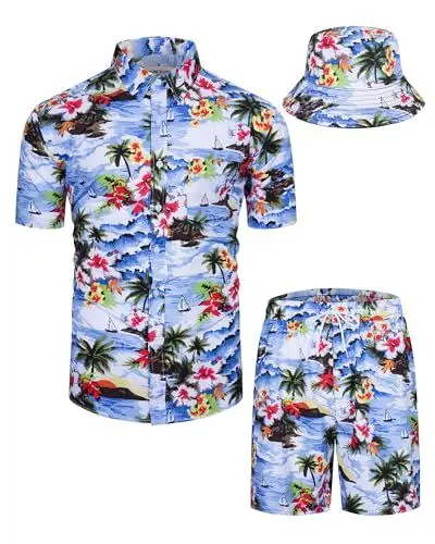 Produktbild: TUNEVUSE Herren Hawaiian Hemden und Shorts Set 2-Stücke Tropische Outfits Gedruckt Button Down Beach Shirt Anzug mit Eimer Hüte Blau Groß