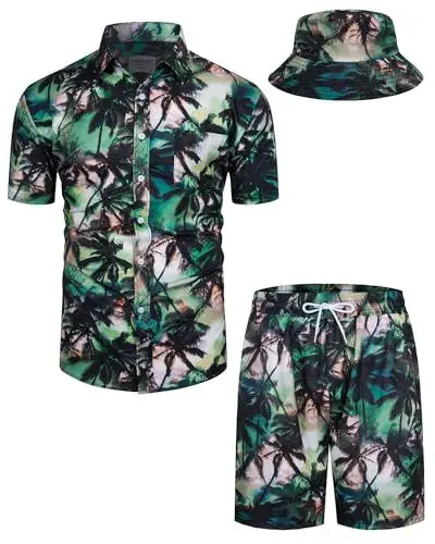 Produktbild: TUNEVUSE Herren Hawaiihemd und Shorts Set, 2-teiliges tropisches Set, Blumen Bedruckte Knopf Strand Set mit Hut Grün X-Large