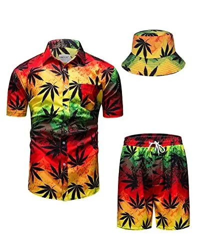Produktbild: TUNEVUSE Herren Hawaiihemd und Shorts Set, 2-teiliges tropisches Set, Blumen Bedruckte Knopf Strand Set mit Hut Orange Groß