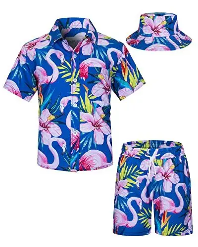 Produktbild: TUNEVUSE Kleine und große Jungen Hawaiian Button Down Hemds und Short Set Tropical Print Sommerkleid mit Matchstick Hut Kinder 2-teilige Kleidung Cabana Set Blau 11-12T