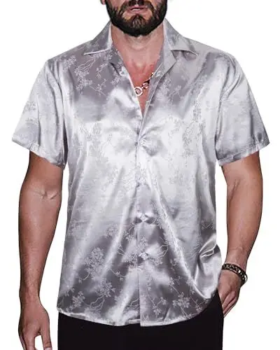 Produktbild: TUNEVUSE Männer Satin Shirt Glänzend Kurzarm Floral Button Down Jacquard Kleid Sommer Solid Shirt Tops S-5XL Silber 5X-Large