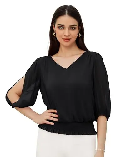 Produktbild: Tunika Damen Elegant Doppellagige Bluse Rundhals Halbarm Mesh Fließende Shirts Weite Ärmel Oberteile Schwarz L