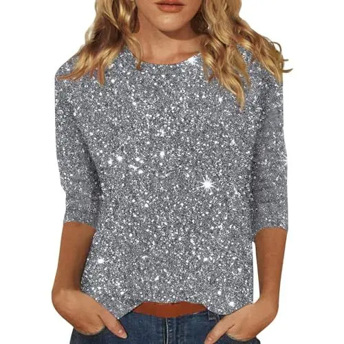 Produktbild: Tunika Damen Elegant Dreiviertel Shirt Damen 3/4 Arm Shirt Damen Tshirt Damen Sommer Baumwolle Tunika Damen Sommer Blumen Ringelshirt Damen T-Shirt Set Damen Damenshirt Halbarm Grau M