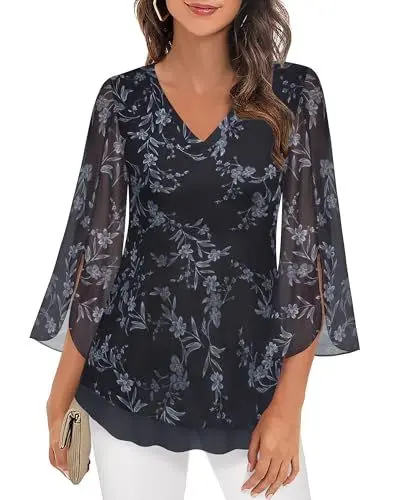 Produktbild: Tunika Damen Elegant Festlich Lang Oberteil 3/4 Arm Schwarz Bluse Damen Beerdigung Trauerkleidung Arbeit Outfit Damenoberteile Leger Modern Chic Romantische Bluse Curvy Feiern Tunikashirt,L