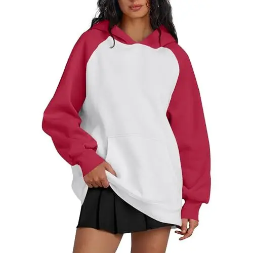 Produktbild: Tunika Damen Langarm Sweatshirt Damen Ohne Kapuze Y2K Zip Up Hoodie Pullover Schwarz Damen Stricktop Damen Langarm T Shirt Damen Hoodie Damen Baumwolle Damen Pullover Elegant Rot XL
