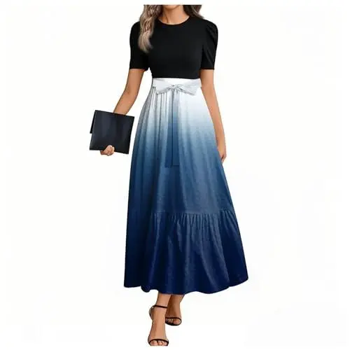 Produktbild: Tunika-Kleid Damene mit Tunnelzug Weite Kleider mit Gummizug A Linien Ausgefallene Sommer Polyeste Kleid Damen Crewneck Buiness Kurzarm Bedrucken Marine