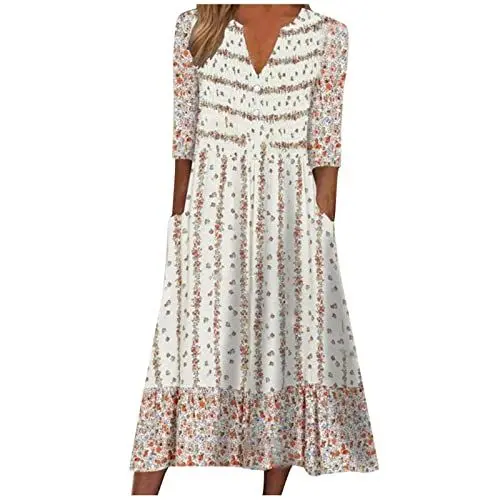 Produktbild: Tunika-Kleid Frauen A-Linien Weich Tunika-Kleid V Neck Elegant Print Soft Knopfleist Kleid Damen Outdooren Sommer Halbe Ärmel Rosa