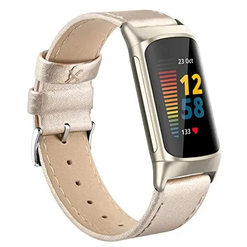 Produktbild: Tuocal Echtleder Armband Kompatibel Mit Fitbit Charge 6/5 - Weiches Atmungsaktives Ersatzband für Damen Und Herren - Sport Lederband