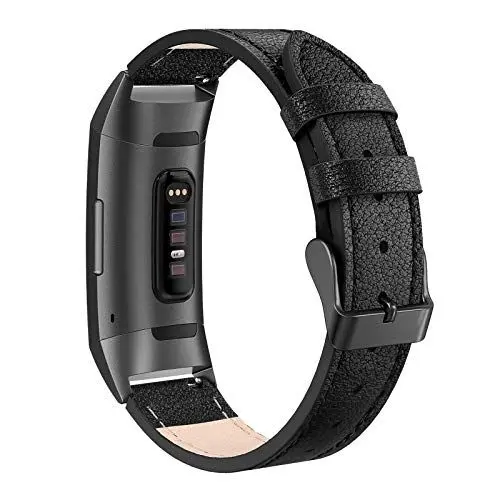 Produktbild: Tuocal Echtlederarmband kompatibel mit Fitbit Charge 3 Armband/Fitbit Charge 4 Armband,verstellbares Lederarmband für Fitbit Charge 3 /Fitbit Charge 4 Aktivitäts Tracker Damen Herren, Schwarz