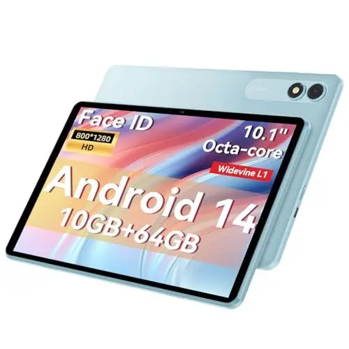 Produktbild: TUOHAITIME Tablet 10 Zoll, Android 14 Tablets, Octa-Core, 10GB RAM 64GB ROM 1TB Erweiterung, FHD Touchscreen, Tablet PC mit Widevine L1, WiFi, GPS, BT5.0, Support 18W fast charging, Dual Kamera (Blau)