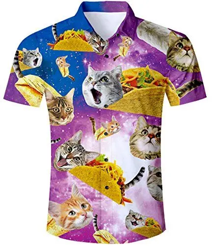 Produktbild: TUONROAD Hawai Hemd Herren Katzen Hemd Sommerhemd Herren 3D Taco Cat Muster Kurzarm Shirt Hawaiihemden für Herren Slim Fit Button Down Hawai Hemden Sommer Bunte Hemden Tshirt L