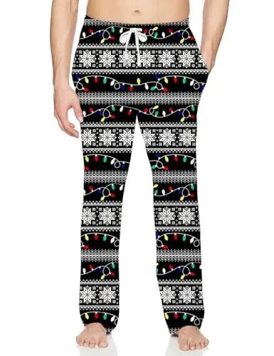 Produktbild: TUONROAD Herren Schlafanzughose Lang Pyjamahose 3D Schneeflocke Drucken Weihnachtshose Männer Lustig Nachtwäsche Hose Baumwolle Freizeithose Loungehose mit Taschen Schwarz M