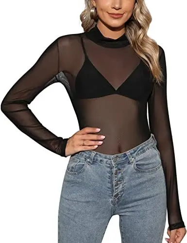 Produktbild: Tuopuda Damen Netz Oberteil Transparentes Shirt Sexy Langarmshirt Durchsichtige T-Shirt Sheer Mesh Bluse Tunika Casual Clubwear Party Tops, B, XL