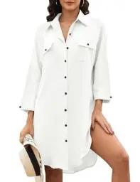 Produktbild: Tuopuda Sommerkleid Damen Leicht Kleider Sommer Strandtuch Elegant Blusenkleid Sommerblusen Lang Hemdblusenkleid Musselin Maxikleid Festival Outfit, Weiß, M