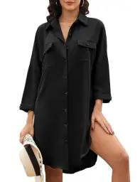 Produktbild: Tuopuda Strandkleid Damen V-Ausschnitt Sommerkleider Bluse Sommer Strandponcho Tunika Kleid mit Knopfleiste Langarm Bademode Strand Vertuschen Shirt Bikini Cover Up, Schwarz, M