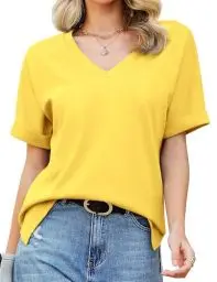 Produktbild: Tuopuda T-Shirt Damen Sommer Kurzarm V-Ausschnitt Oberteile Baumwolle Lose Basic Tops Blusen Shirt Mädchen Freizeit Tunika Verabredung Einkaufen Arbeit Strand Urlaub Partys Café S-2XL, Gelb, XL