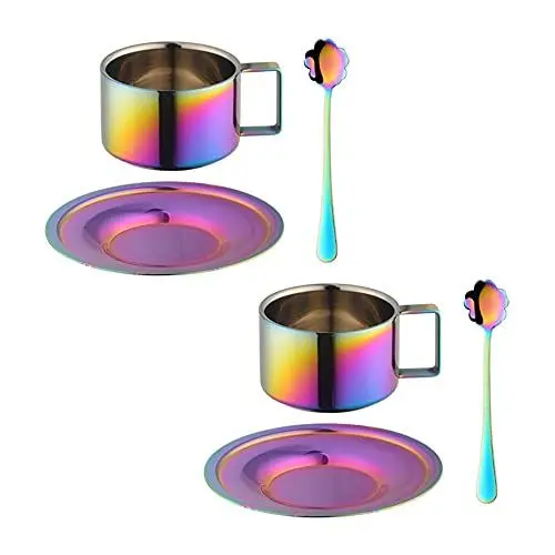 Produktbild: TUPMFG Edelstahl Espressotassen Set 2er, Dickwandig Cappuccino Tassen Set mit Untertasse & Löffel, 200ML Klein Kaffeetassen, Bunt
