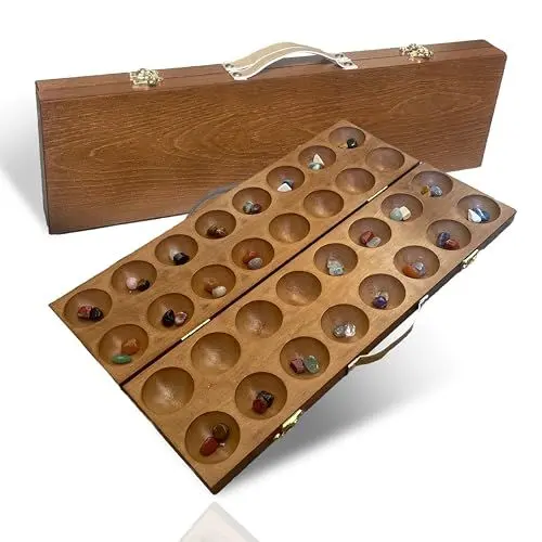 Produktbild: Turinto® Kalaha-Spiel (Ink. Handgriff & Verschluss) aus massivem Holz umweltfreundlich - groß Mancala - Hus - Bao Edelsteinspiel 48 & extra Edelsteine Spannendes Strategiespiel Brettspiel