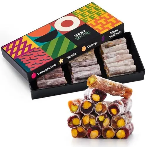 Produktbild: Türkische Süßigkeiten von Zest Delites, Vegane Süßigkeiten mit 30% Pistazien, Türkische Süssigkeiten, Lokum, Orange, Vanille, Granatapfel und Schwarzbeeren, 454g