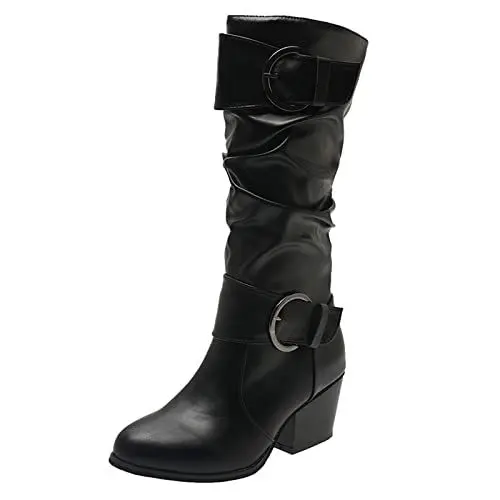 Produktbild: Turnschuhe Damen Stiefel Stiefel Damen Stiefel Mode Frauen Quadratische Absätze Kunstleder Schnallenriemen Mittlere Wadenstiefel Runde Zehenschuhe Gothic Stiefel Damen Stiefel Damen (Black, 41)