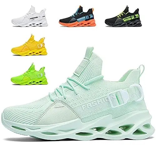 Produktbild: Turnschuhe Herren Laufschuhe Damen Sportschuhe Atmungsaktiv Leichtewichts rutschfeste Gym Fitness Schuhe Fashion Luftpolster Sneaker Schwarz Weiß Rosa Grau Rot Gelb Grün Orange LilaG133 AppleGreen37