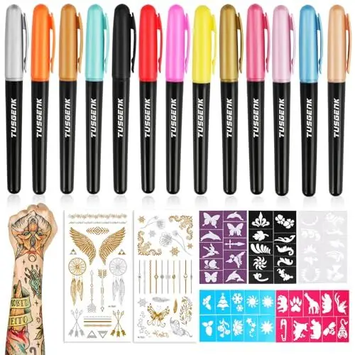 Produktbild: TUSGENK Temporäre Tattoo Farbe Kinder, 13 Farben Tattoo Stift mit 2 Schablonen, Glitter & Matte Tattoos Farbe, Geruchlos löschbar kinderschminke, Kreativgeschenke für Kinder