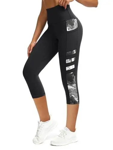 Produktbild: Tuspryt Sport Leggings Damen mit Taschen,Blickdichte High Waist Sporthose Damen 3/4 Fitnesshose Laufhose Capri Gym Leggins L