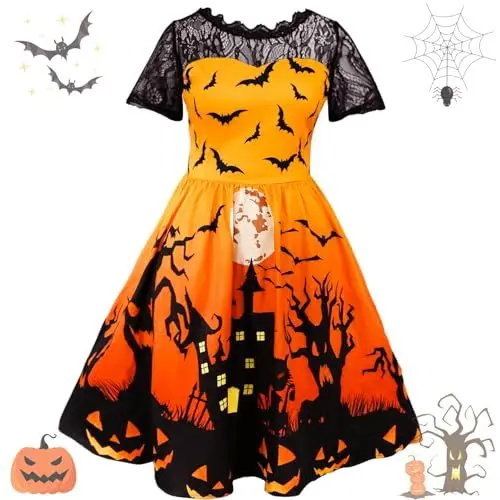 Produktbild: Tutukyle Damen Halloween Kostüm Damen Sexy Halloween Spitzenkragen Kurzarm Cocktail Swing Kleid für Frauen Kürbis Fledermaus Hexe Bedruckte Cosplay Party Karneval Kleid Für Erwachsene (XL)
