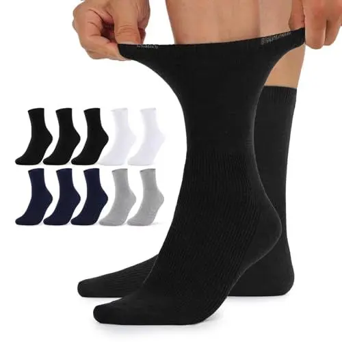 Produktbild: TUUHAW Damensocken 39-42 ohne Gummibund Diabetikersocken Damen Diabetiker Socken Herren 10 Paar Comfort Baumwolle Schwarz Weiß Grau Dunkelblau Herrensocken Gesundheitssocken ohne Bund
