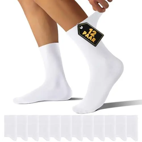 Produktbild: TUUHAW Baumwolle Socken Damen 35-38 Weiß - Weiss Damen Socken 35-38 Lange Damensocken Atmungsaktive Baumwollsocken 12 Paar Wintersocken Herren Crew Socks Damen