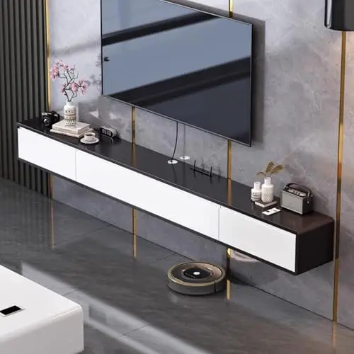 Produktbild: TV Lowboard Hängend Schwarz, 120-200cm Massivholz Moderner TV Schrank Hängend, TV Sideboard Wohnzimmer mit Schubladen, Fernsehschrank Fernsehtisch Hängeschrank,komplett montiert (B, 160CM/63IN)