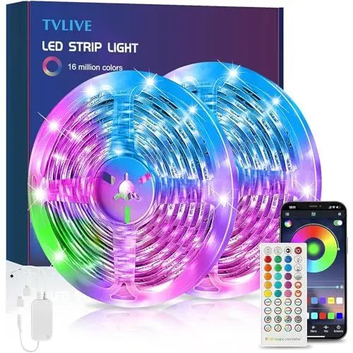 Produktbild: TVLIVE LED Strip 10m, Bluetooth RGB LED Streifen, LED Lichterkette Band Steuerbar via App mit 16 Mio. Farben Musik Sync Fernbedienung Dimmbar, LED band für Haus, Wohnzimmer, Küche (5M*2)